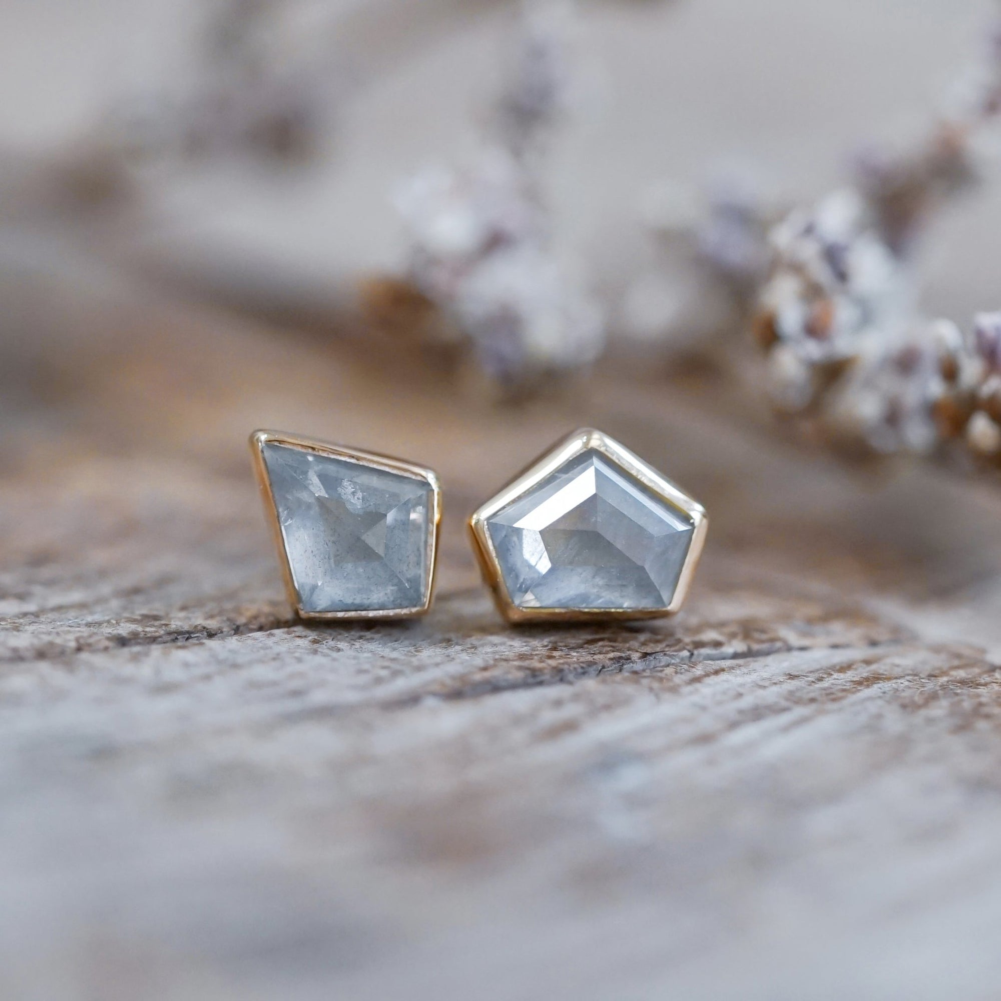 Mismatched Gray Diamond Earrings in Ethical Gold - Gardens of the Sun | Ethical Jewelry